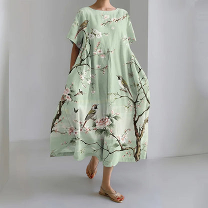 Cardydony Women's Casual Japanese Floral And Bird Art Print Dress
