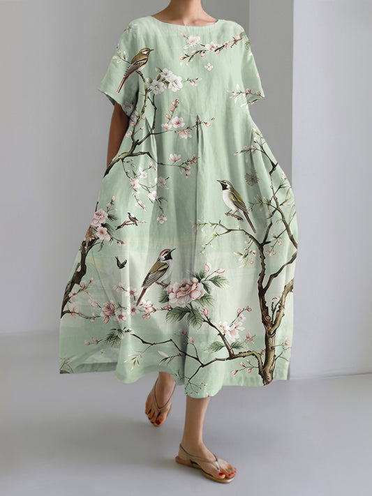 Cardydony Women's Casual Japanese Floral And Bird Art Print Dress