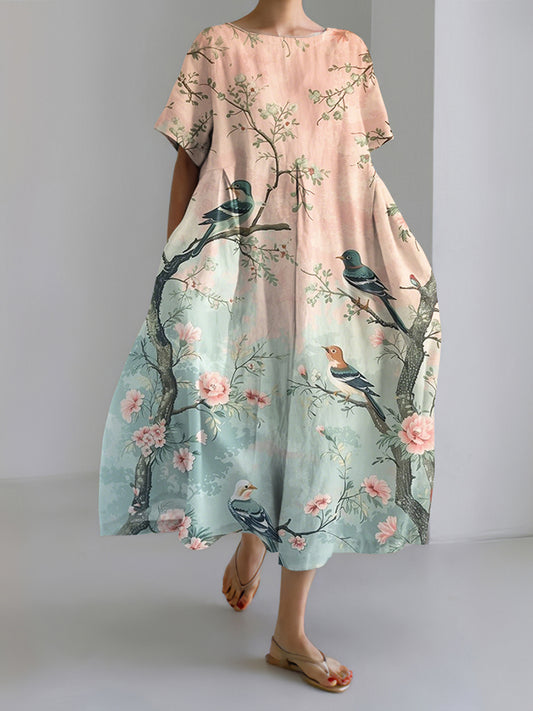Cardydony Women's Casual Japanese Floral And Bird Gradient Art Print Dress