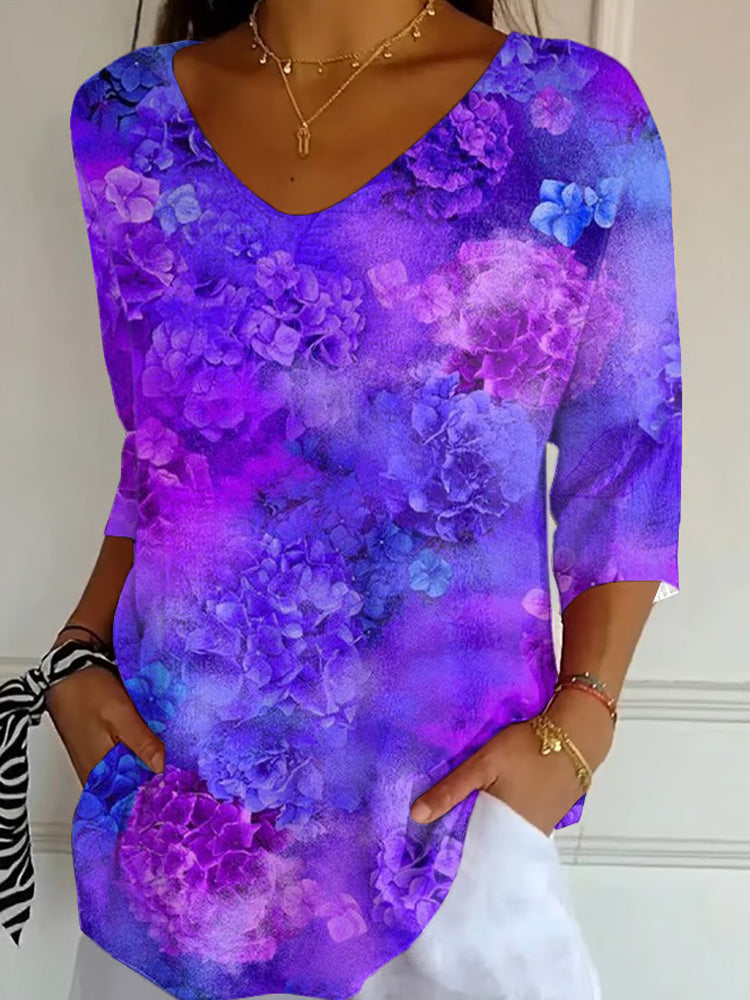 Cardydony Women's Casual Purple Awareness Purple Floral Graphic Print V Neck T-shirt