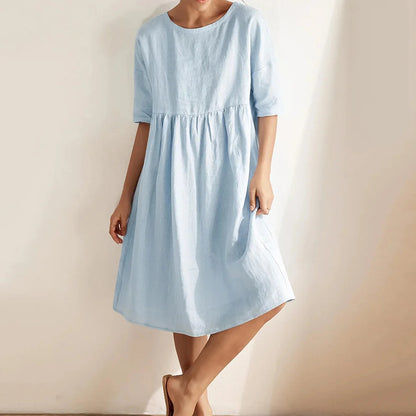 Cardydony Women's Casual Solid Color Linen Basic Midi Dress