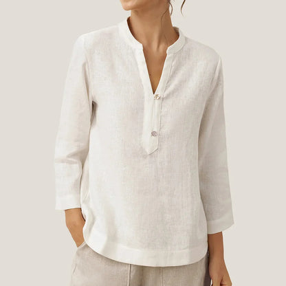 Cardydony Women's Casual Solid Color Linen V-neck Pullover With Button Top