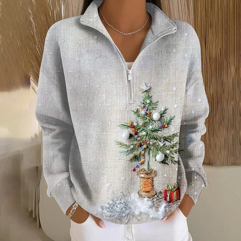Cardydony Women's Christmas Tree Print Zipper Sweatshirt