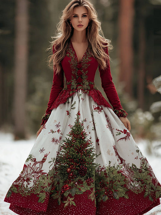 Cardydony Women's Christmas V-neck Cotton And Linen Long Dress