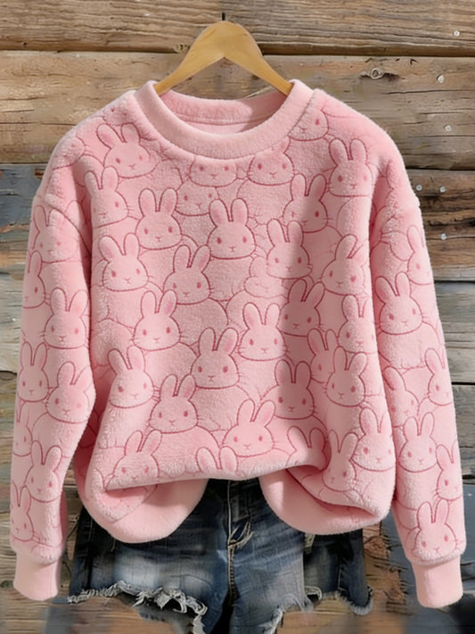 Cardydony Women's Cute Bunny Pattern Winter Plush Crew Neck Sweatshirt