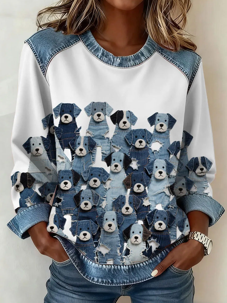 Cardydony Women's Denim Puppy Sweatshirt