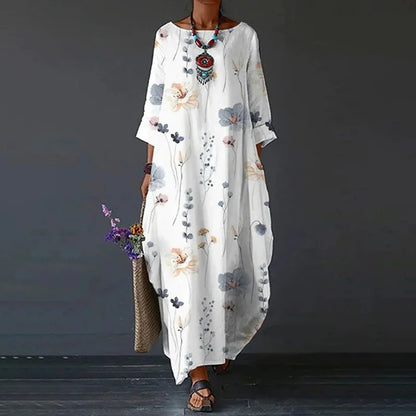 Cardydony Women's Floral Print Loose Cotton Linen Maxi Dress