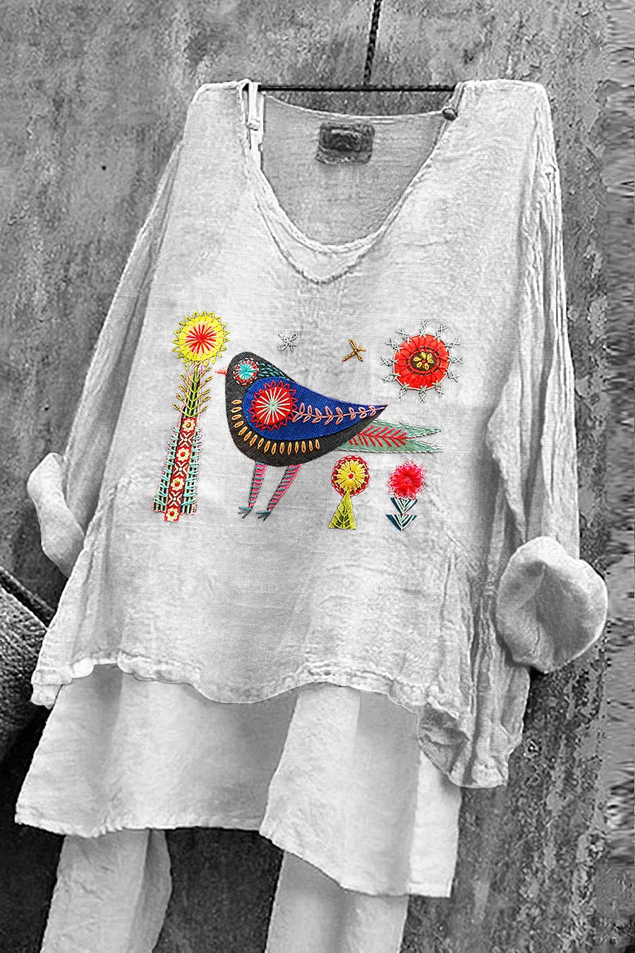 Cardydony Women's Flower And Bird Embroidery Art Linen V-neck Shirt