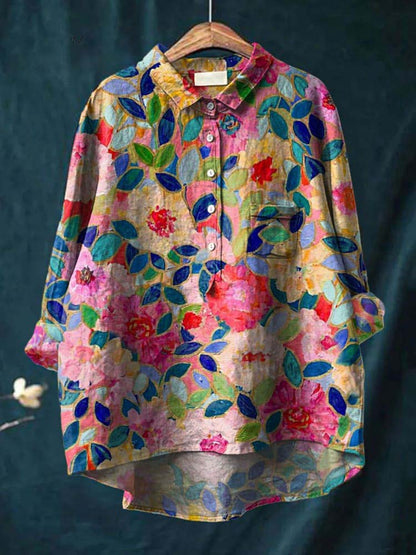 Cardydony Women's Flower Print Casual Cotton And Linen Shirt
