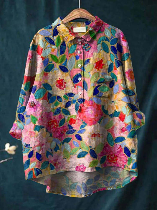 Cardydony Women's Flower Print Casual Cotton And Linen Shirt