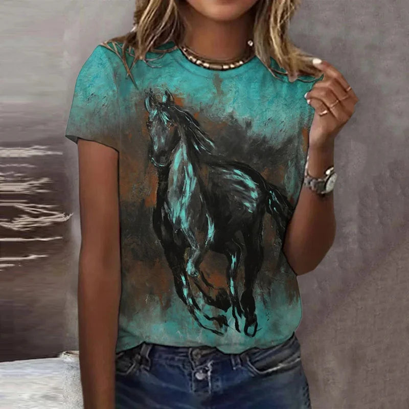 Cardydnoy Women's Horse Print Round Neck T-shirt