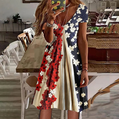 Cardydony Women's Independence Day Flag Floral Print Short Sleeve Dress