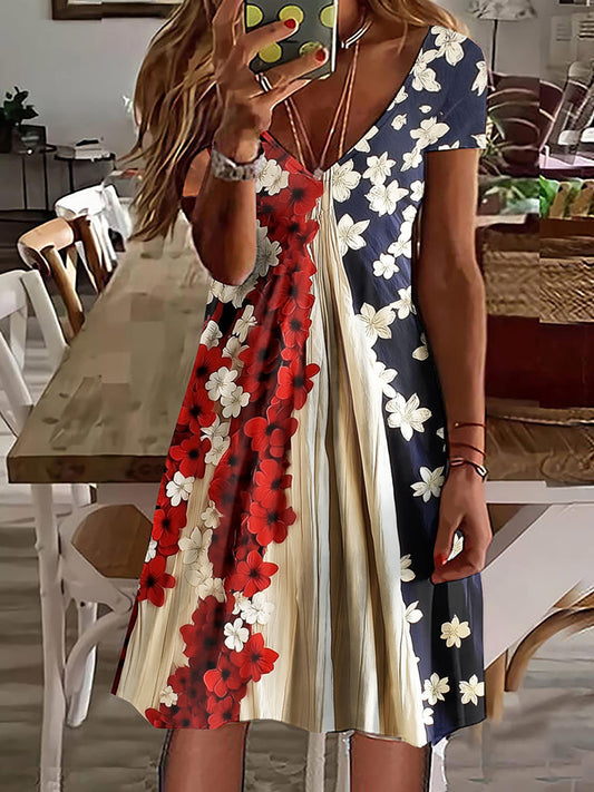 Cardydony Women's Independence Day Flag Floral Print Short Sleeve Dress