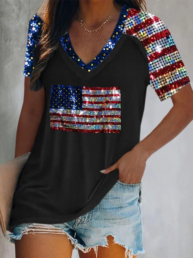Cardydony Women's Independence Day Flag V Neck Printed Casual T-Shirt