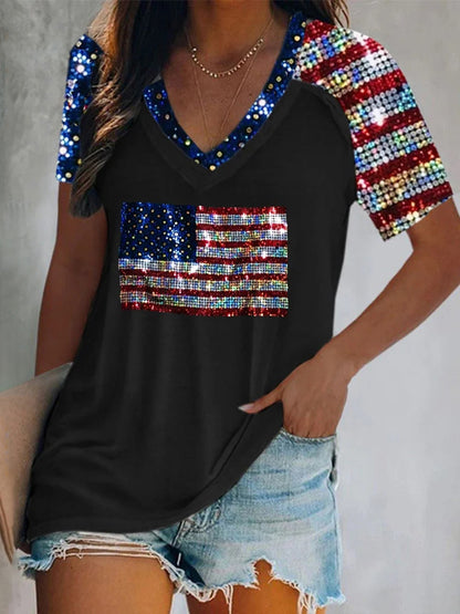 Cardydony Women's Independence Day Flag V Neck Printed Casual T-Shirt