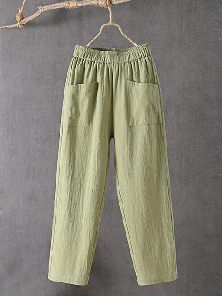 Cardydony Women's Pockets Design Linen Blend Elastic Waist Pants