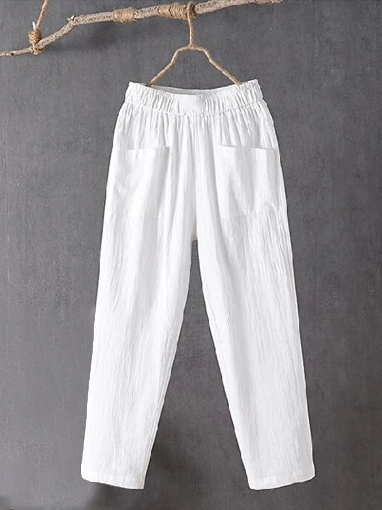 Cardydony Women's Pockets Design Linen Blend Elastic Waist Pants
