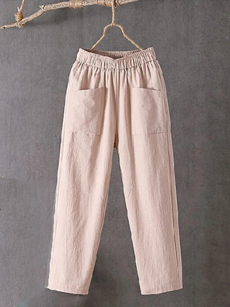 Cardydony Women's Pockets Design Linen Blend Elastic Waist Pants