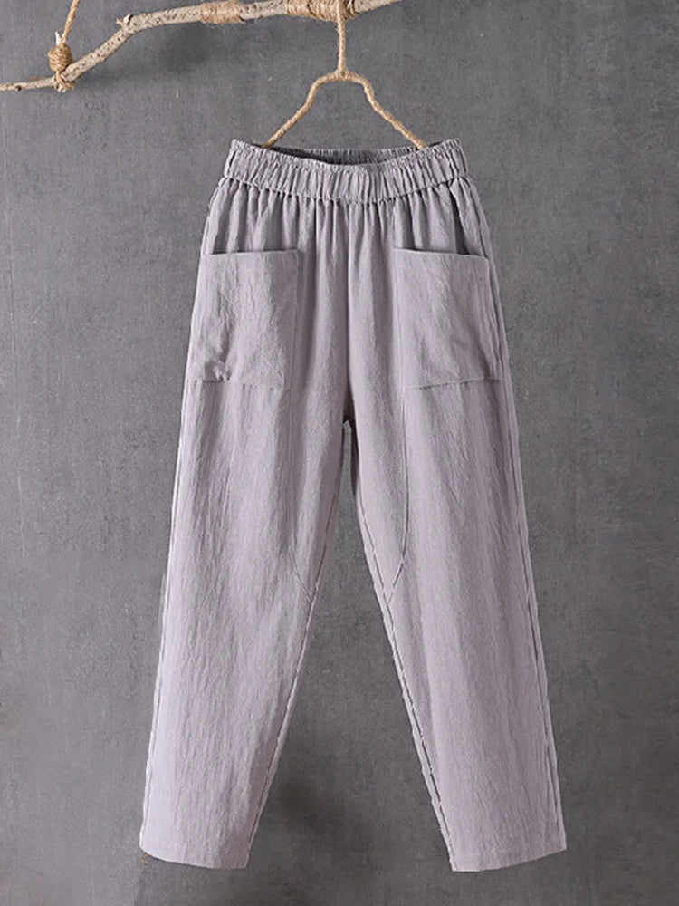 Cardydony Women's Pockets Design Linen Blend Elastic Waist Pants