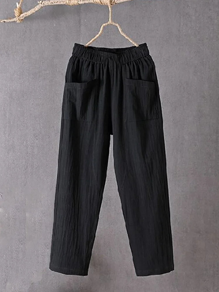 Cardydony Women's Pockets Design Linen Blend Elastic Waist Pants