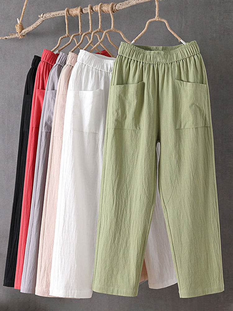 Cardydony Women's Pockets Design Linen Blend Elastic Waist Pants