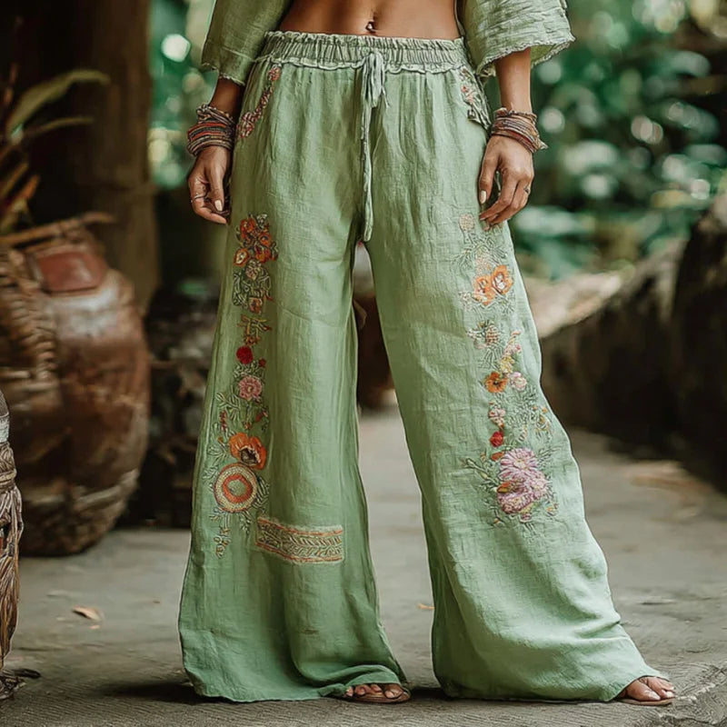 Cardydony Women's Retro Bohemian Floral Art Linen Pants