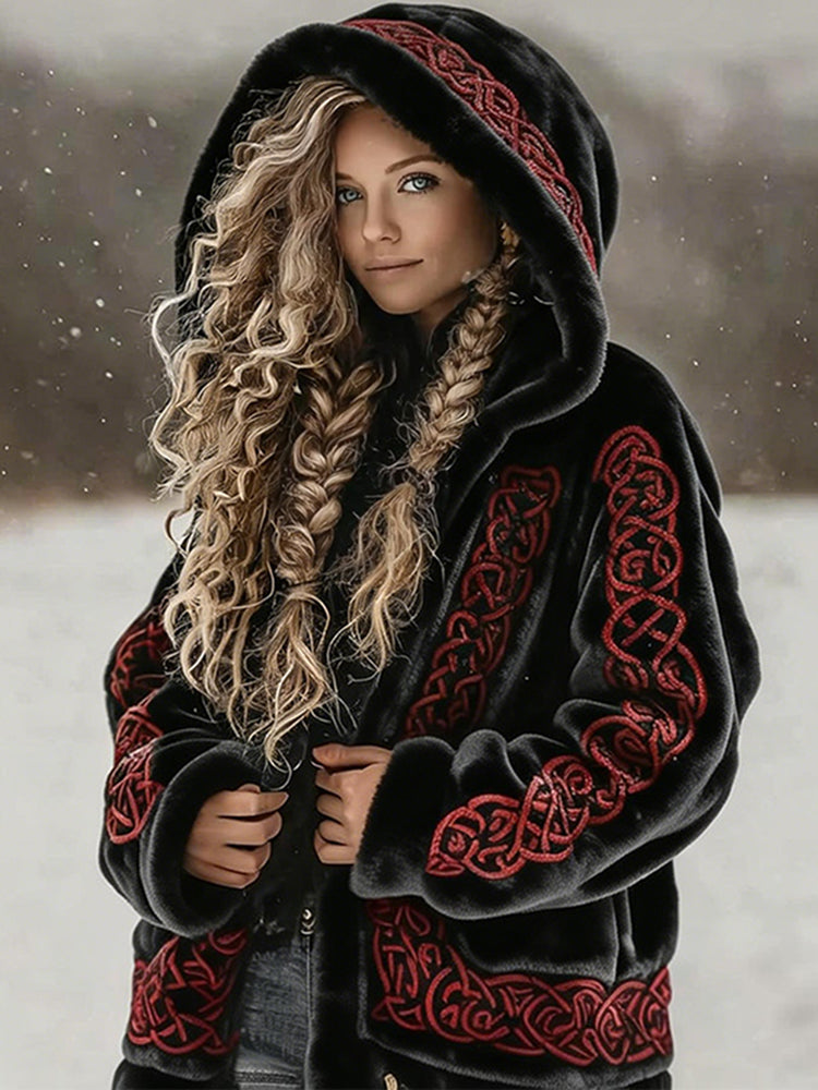 Cardydony Women's Retro Celtic Knot Art Pattern Plush Zip-up Hoodie