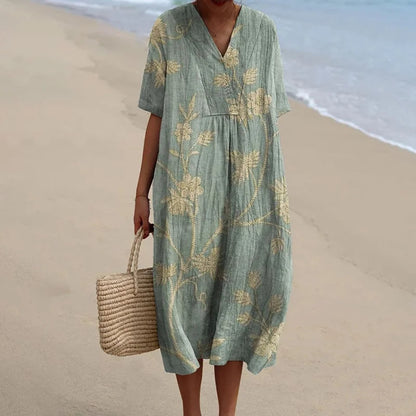 Cardydony Women's Retro Floral Print Cotton and Linen Dress