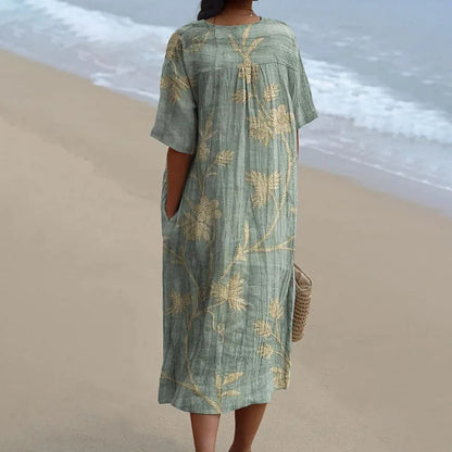 Cardydony Women's Retro Floral Print Cotton and Linen Dress