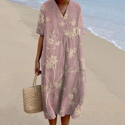 Cardydony Women's Retro Floral Print Cotton and Linen Dress