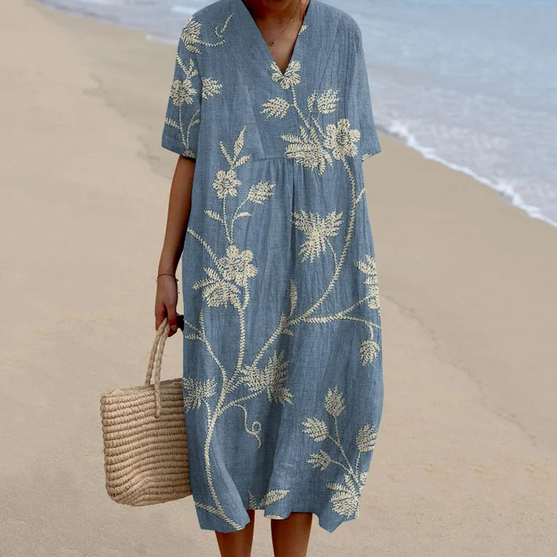 Cardydony Women's Retro Floral Print Cotton and Linen Dress