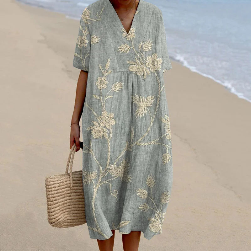 Cardydony Women's Retro Floral Print Cotton and Linen Dress