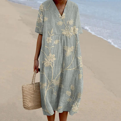 Cardydony Women's Retro Floral Print Cotton and Linen Dress