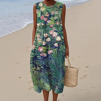 Cardydony Women's Retro Oil Floral Painting Casual Midi Dress
