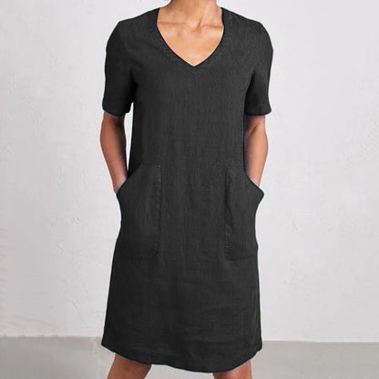 Cardydony Women's Retro Solid Color Cotton And Linen V-neck Pocket Dress