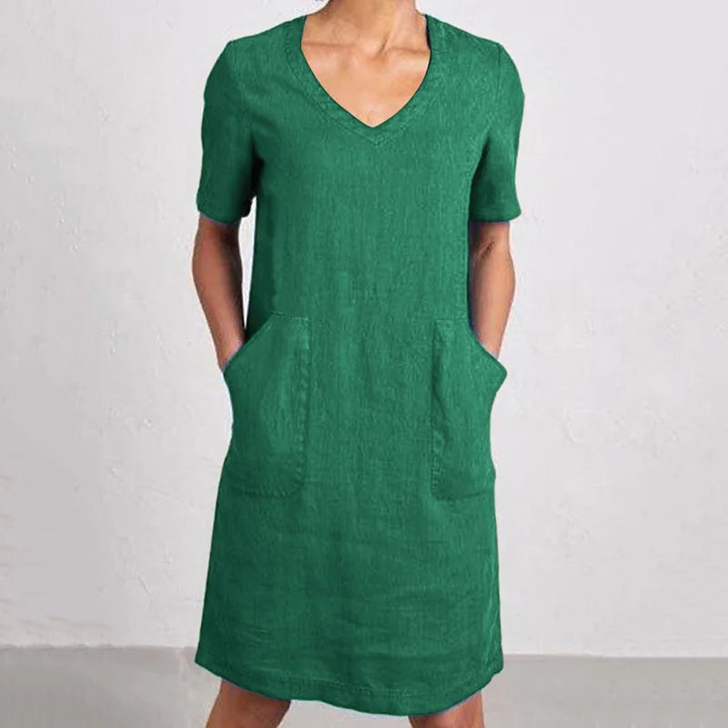 Cardydony Women's Retro Solid Color Cotton And Linen V-neck Pocket Dress