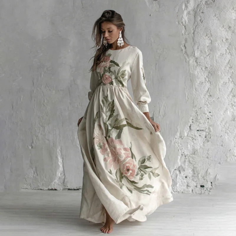 Cardydony Women's Rose Printed Art V-neck Long Sleeve Maxi Dress