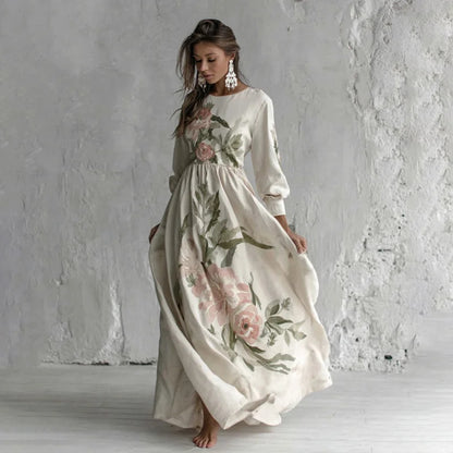 Cardydony Women's Rose Printed Art V-neck Long Sleeve Maxi Dress