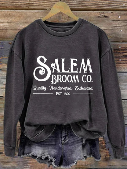 Cardydony Women's Salem Broom Co Quality Handcrafted Enchanted Est 1692 Printed Round Neck Long Sleeve Sweatshirt