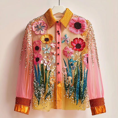 Cardydony Women's Sequin Lace Floral Gradient Shirt