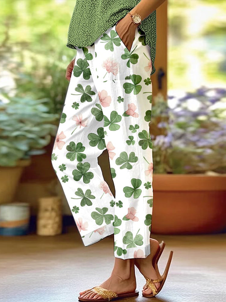 Cardydony Women's Shamrock Flower St. Patrick's Day Print Casual Pants