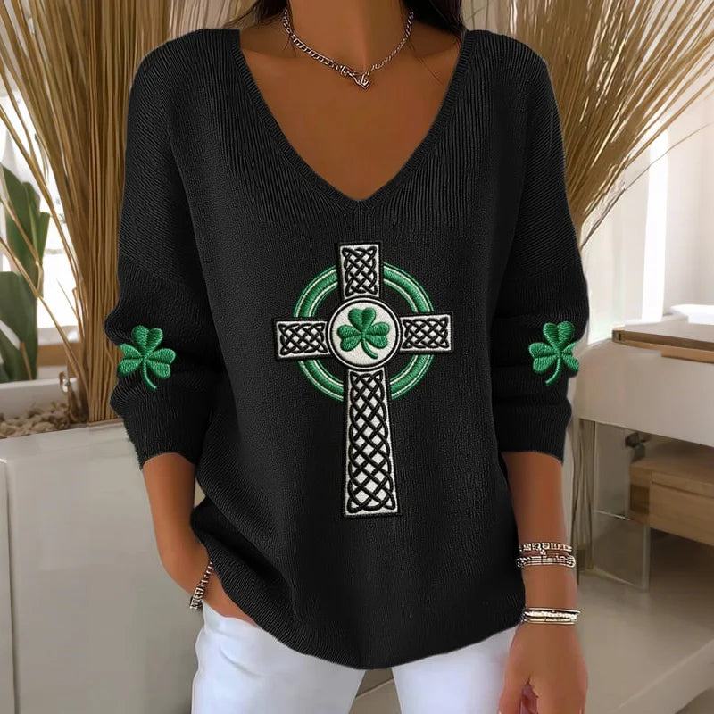 Cardydony Women's St. Patrick's Day Print V-neck Knit Sweatshirt