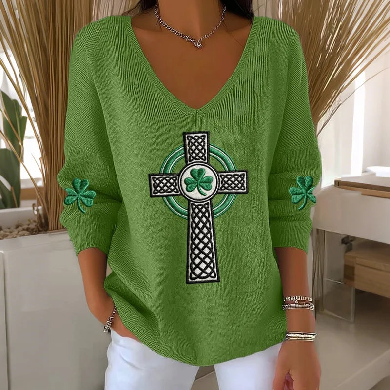 Cardydony Women's St. Patrick's Day Print V-neck Knit Sweatshirt