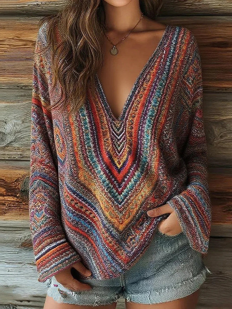 Cardydony Women's Striped Art Print Casual V-neck Long Sleeve Top