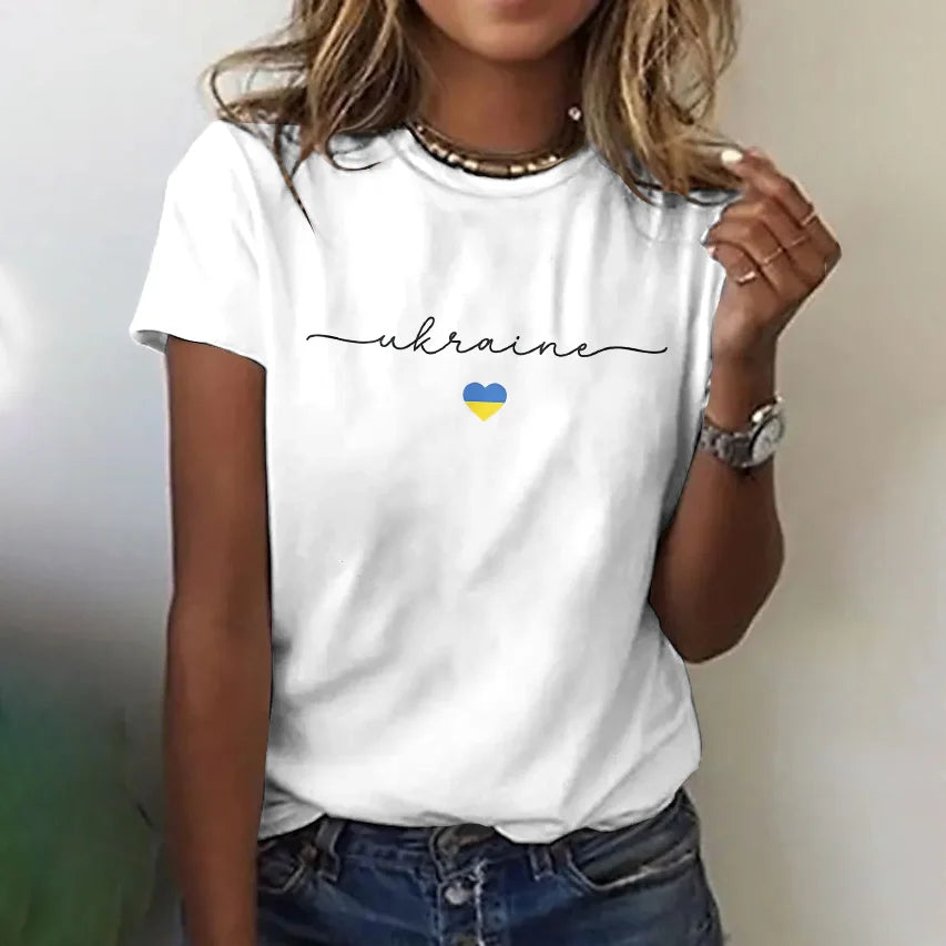 Cardydony Women's Ukraine Heart Flag Print Crew Neck T-shirt