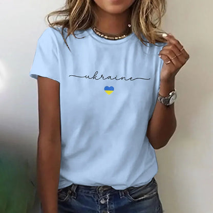Cardydony Women's Ukraine Heart Flag Print Crew Neck T-shirt