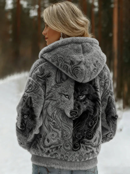 Cardydony Women's Viking Wolf Art Knit Cozy Flannel Hooded