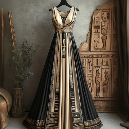 Cardydony Women's Vintage Ankh Ancient Egyptian Embroidered Linen Maxi Dress