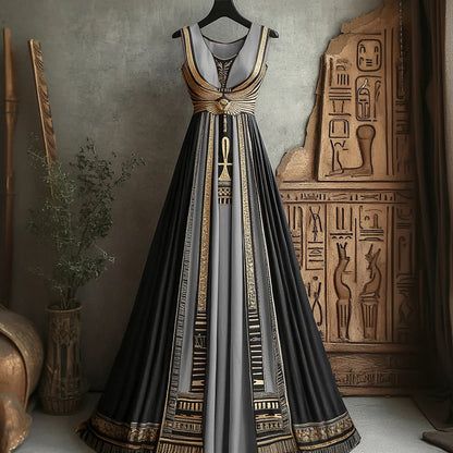 Cardydony Women's Vintage Ankh Ancient Egyptian Embroidered Linen Maxi Dress