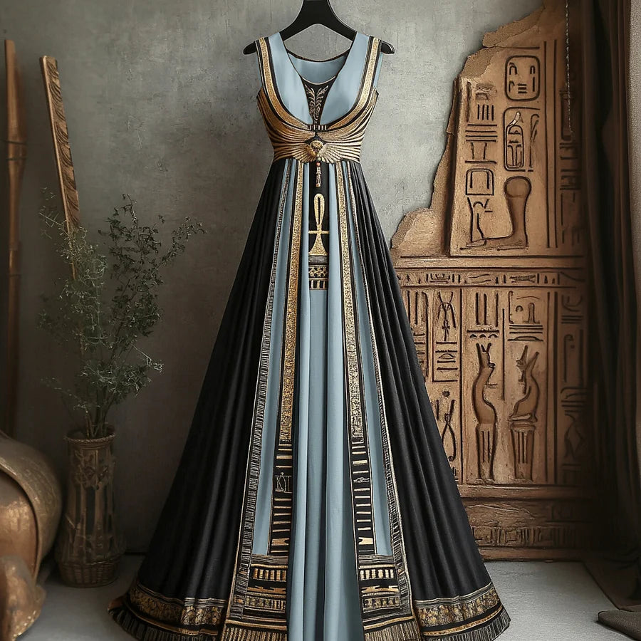 Cardydony Women's Vintage Ankh Ancient Egyptian Embroidered Linen Maxi Dress